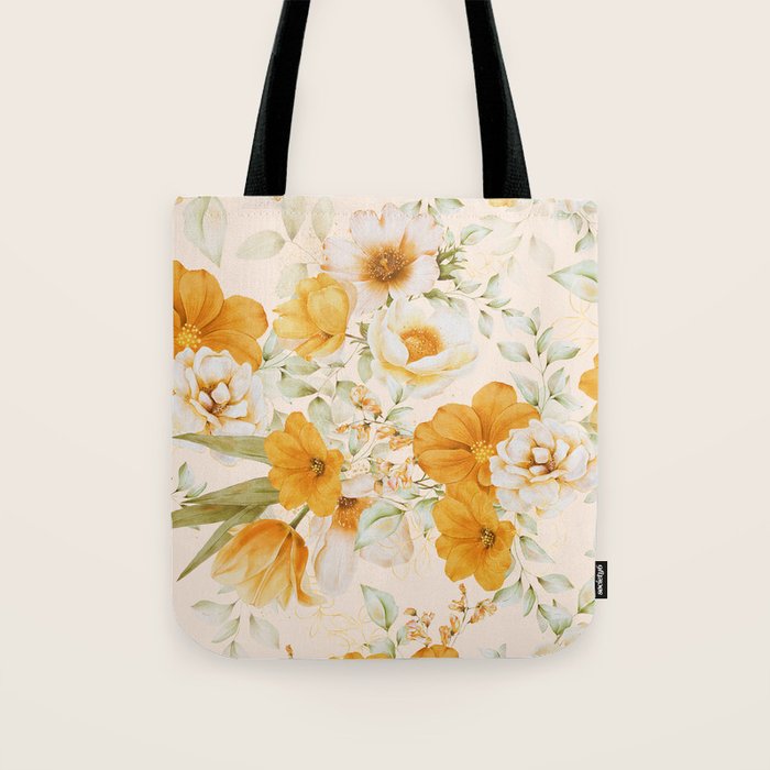 Yellow Florals with Painted Speckles on Cream Tote Bag Gallery Image 1