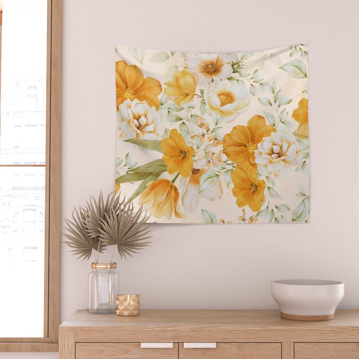 Yellow Florals with Painted Speckles on Cream Wall Tapestry Gallery Image 2