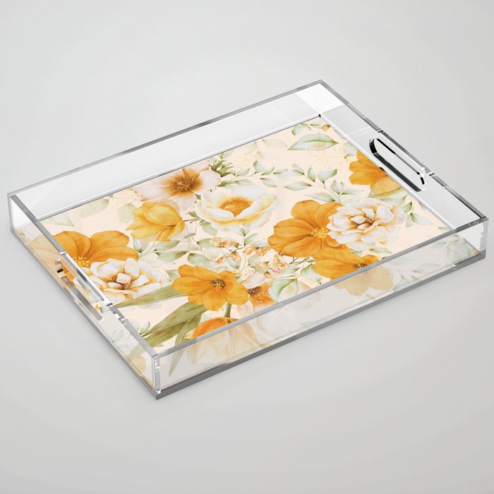 Yellow Florals with Painted Speckles on Cream Acrylic Tray Gallery Image 1