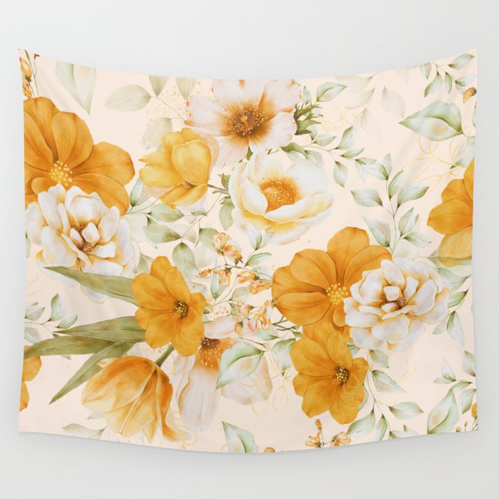 Yellow Florals with Painted Speckles on Cream Wall Tapestry Gallery Image 4