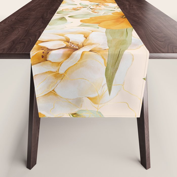 Yellow Florals with Painted Speckles on Cream Table Runner Gallery Image 1