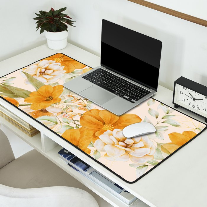 Yellow Florals with Painted Speckles on Cream Desk Mat Gallery Image 2