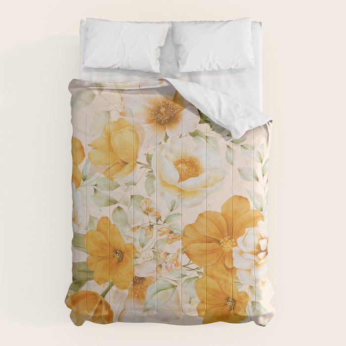 Yellow Florals with Painted Speckles on Cream Comforter Gallery Image 1