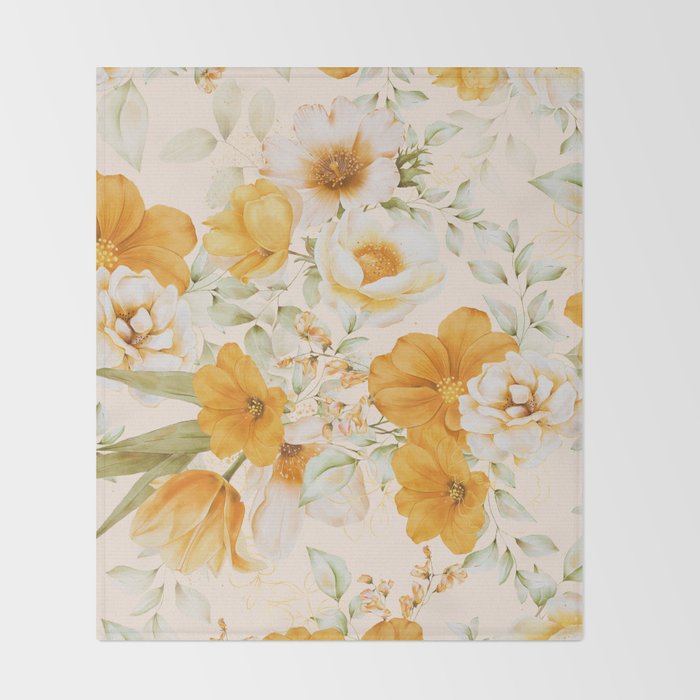 Yellow Florals with Painted Speckles on Cream Throw Blanket Gallery Image 2