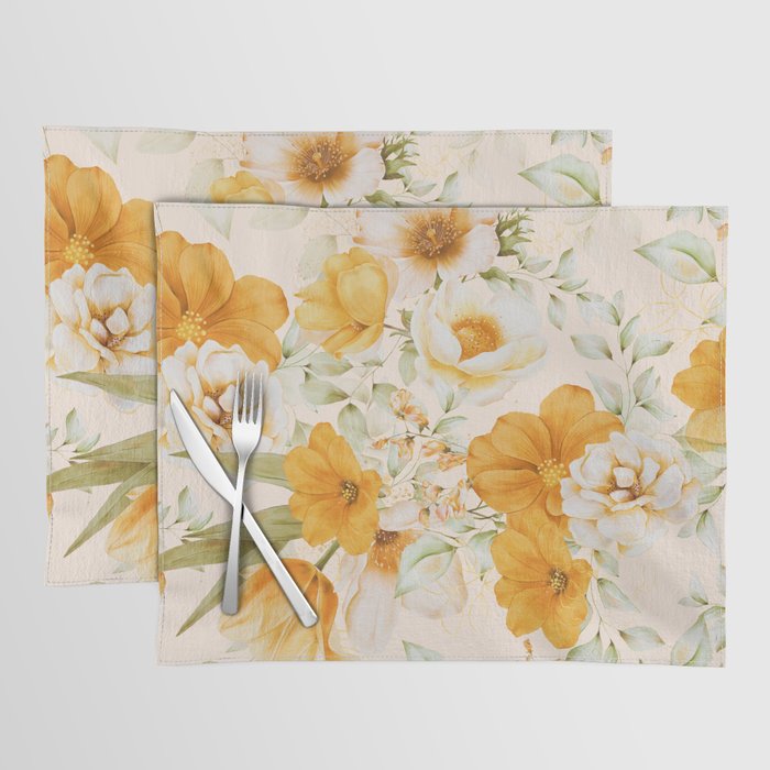 Yellow Florals with Painted Speckles on Cream Placemat Gallery Image 1