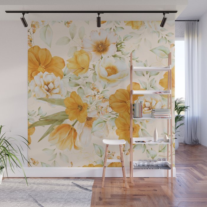 Yellow Florals with Painted Speckles on Cream Wall Mural Gallery Image 1