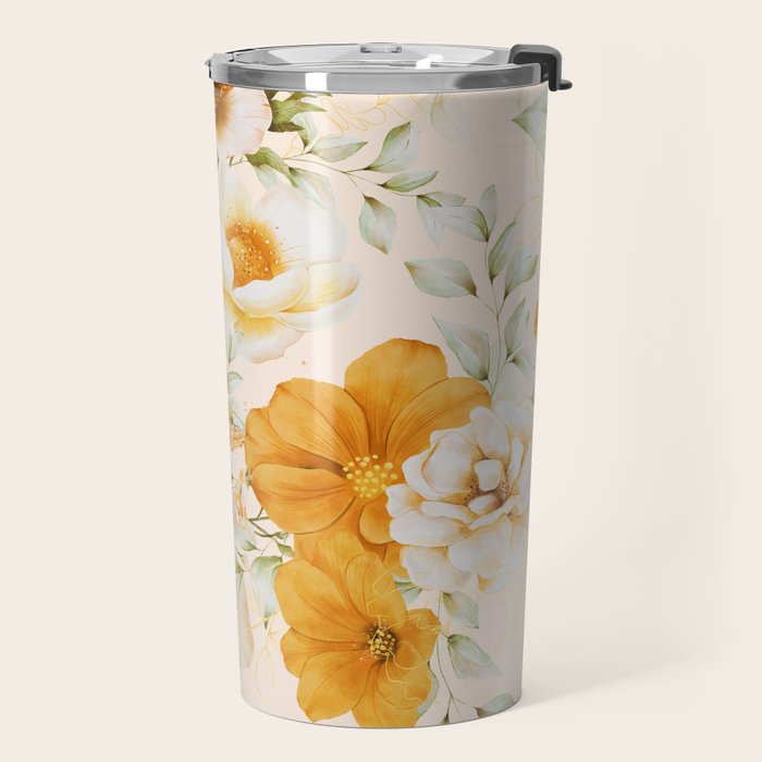 Yellow Florals with Painted Speckles on Cream Travel Mug Gallery Image 2
