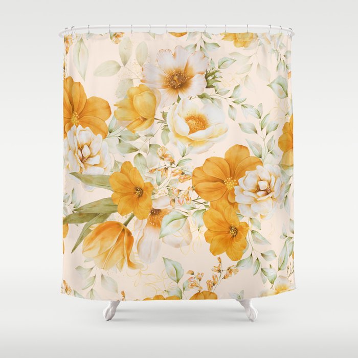 Yellow Florals with Painted Speckles on Cream Shower Curtain Gallery Image 1
