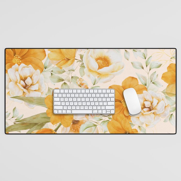 Yellow Florals with Painted Speckles on Cream Desk Mat Gallery Image 1
