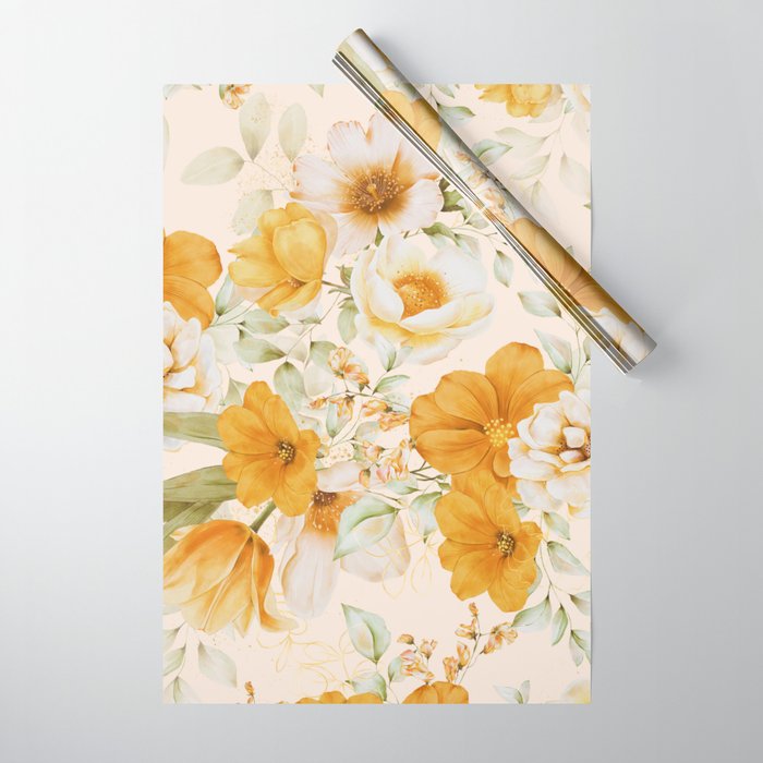 Yellow Florals with Painted Speckles on Cream Wrapping Paper Gallery Image 1