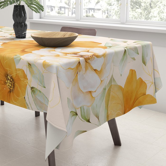 Yellow Florals with Painted Speckles on Cream Tablecloth Gallery Image 3