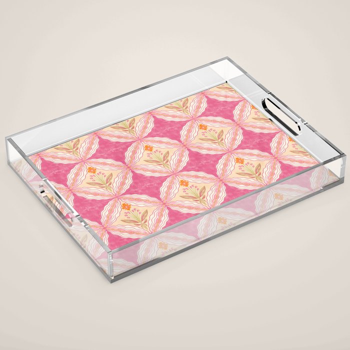 Delicate Floral Mandala Pattern in Pink and Peach Hues Acrylic Tray Gallery Image 1