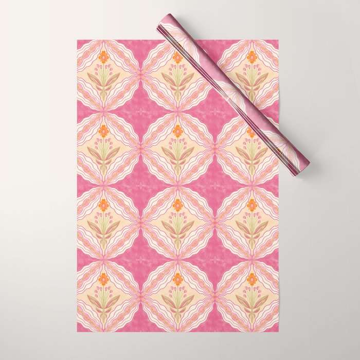 Delicate Floral Mandala Pattern in Pink and Peach Hues Wrapping Paper Gallery Image 1