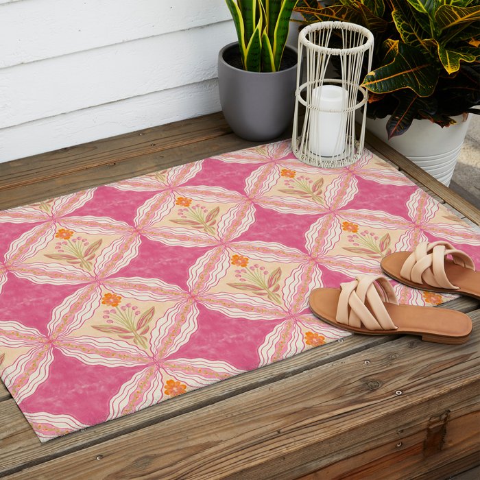 Delicate Floral Mandala Pattern in Pink and Peach Hues Outdoor Rug Gallery Image 2
