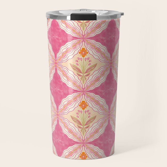 Delicate Floral Mandala Pattern in Pink and Peach Hues Travel Mug Gallery Image 1