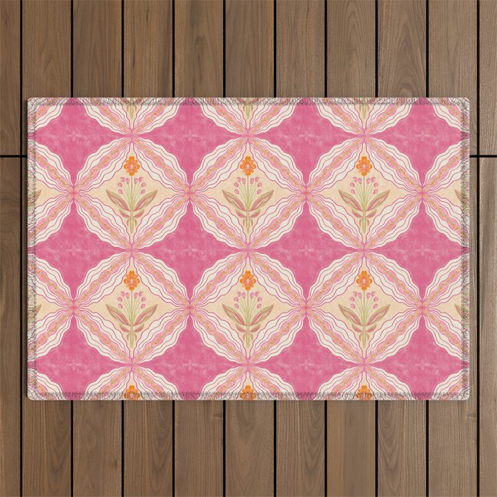 Delicate Floral Mandala Pattern in Pink and Peach Hues Outdoor Rug Gallery Image 1