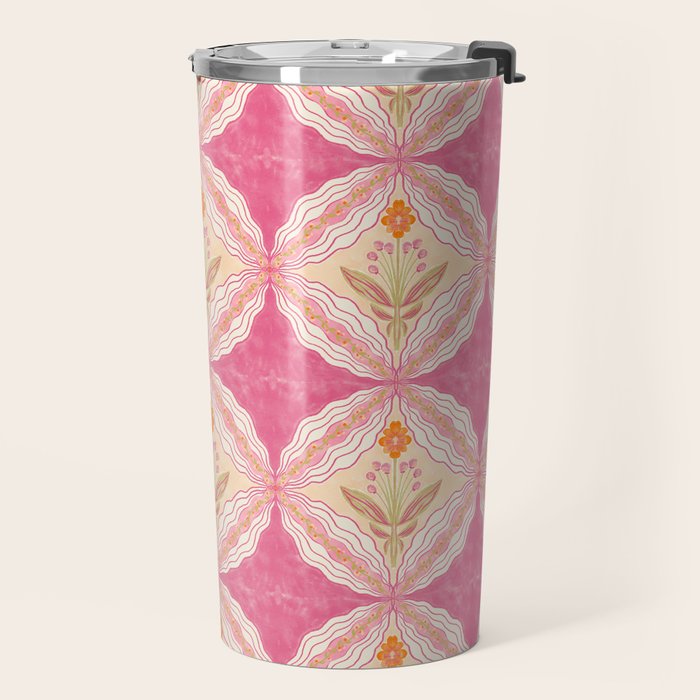 Delicate Floral Mandala Pattern in Pink and Peach Hues Travel Mug Gallery Image 2