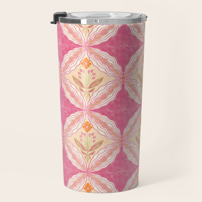 Delicate Floral Mandala Pattern in Pink and Peach Hues Travel Mug Gallery Image 3
