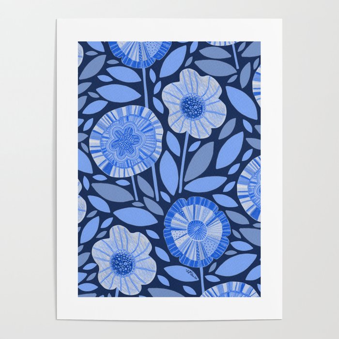 Folk Floral Blossoms in Midnight Blue Poster Gallery Image 4
