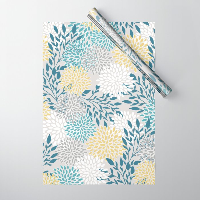 Garden Florals, Yellow, Teal, Gray Wrapping Paper Gallery Image 1