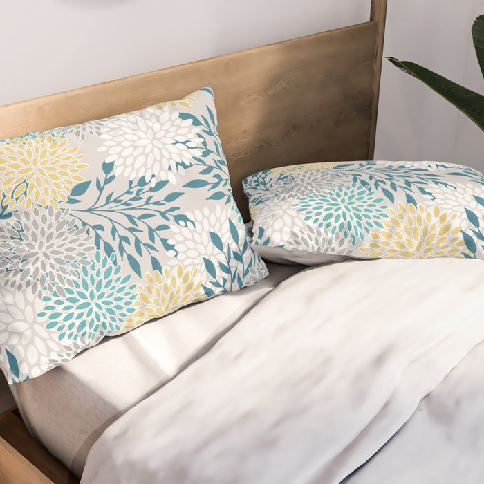 Garden Florals, Yellow, Teal, Gray Pillow Sham Gallery Image 2