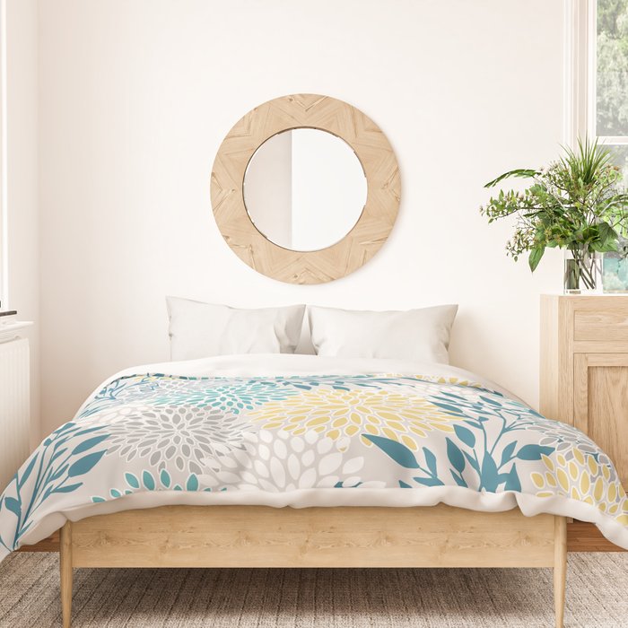 Garden Florals, Yellow, Teal, Gray Duvet Cover Gallery Image 3