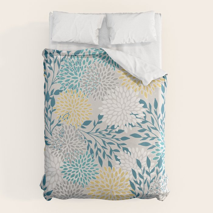 Garden Florals, Yellow, Teal, Gray Duvet Cover Gallery Image 6