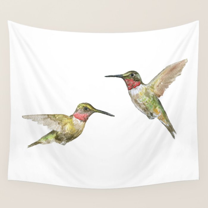 Ruby Throated Hummingbird Watercolor Wall Tapestry Gallery Image 4