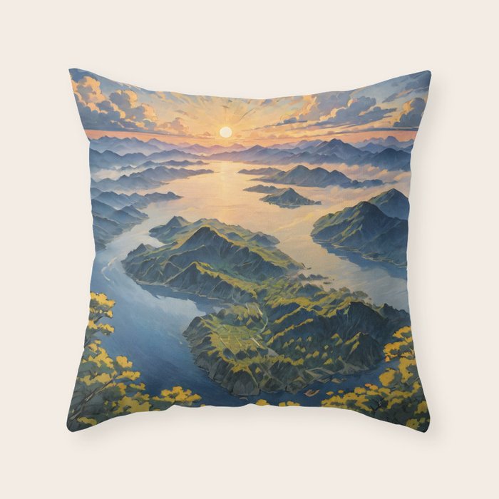 Awoke - A Contemporary Ukiyo-e Nature Landscape Throw Pillow Gallery Image 6
