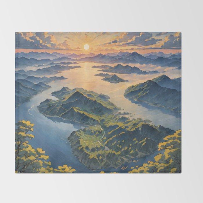 Awoke - A Contemporary Ukiyo-e Nature Landscape Throw Blanket Gallery Image 2