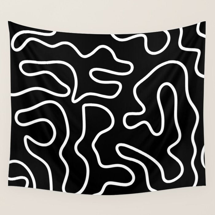 Squiggle Maze Minimalist Abstract Pattern in White and Black Wall Tapestry Gallery Image 4