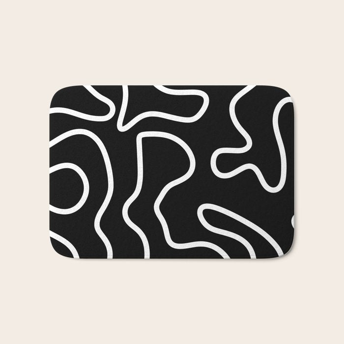 Squiggle Maze Minimalist Abstract Pattern in White and Black Bath Mat Gallery Image 1