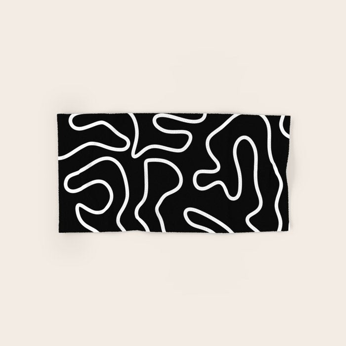 Squiggle Maze Minimalist Abstract Pattern in White and Black Bath Towel Gallery Image 1