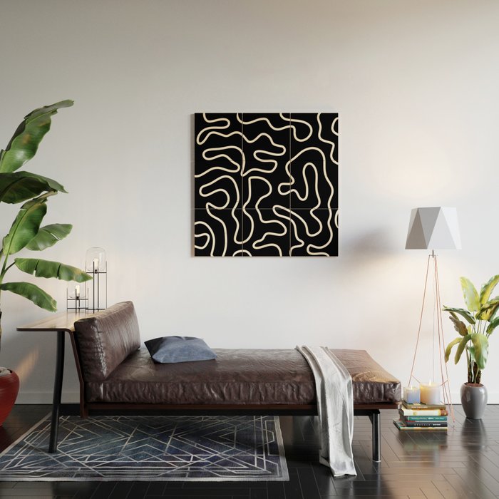 Squiggle Maze Minimalist Abstract Pattern in White and Black Wood Wall Art Gallery Image 2