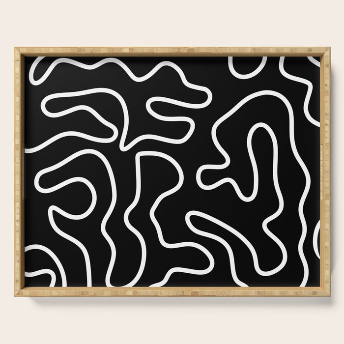 Squiggle Maze Minimalist Abstract Pattern in White and Black Serving Tray Gallery Image 1
