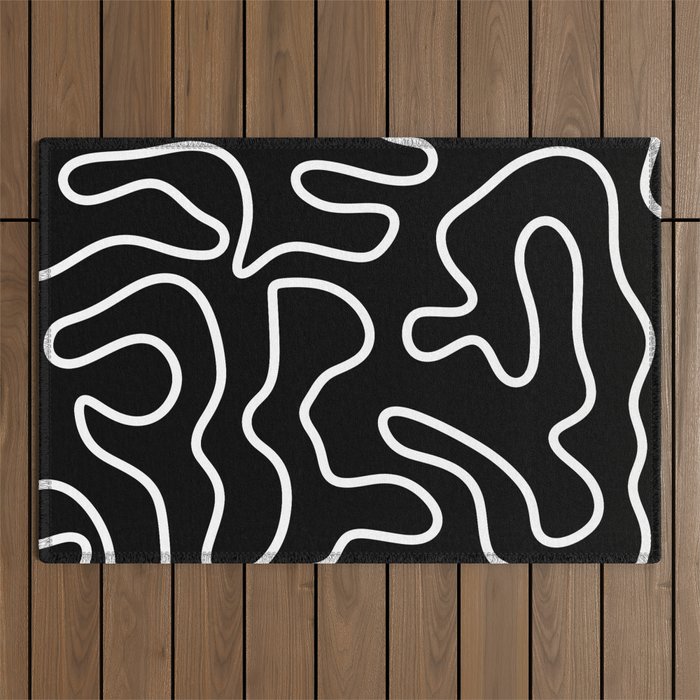 Squiggle Maze Minimalist Abstract Pattern in White and Black Outdoor Rug Gallery Image 1