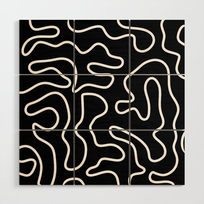 Squiggle Maze Minimalist Abstract Pattern in White and Black Wood Wall Art Gallery Image 1