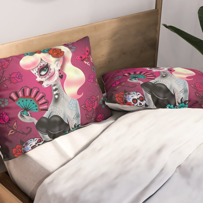 Rockabilly Blonde Sugar Skull Girl Pillow Sham Gallery Image 2