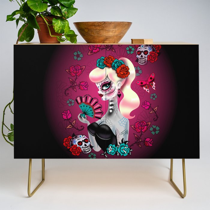 Rockabilly Blonde Sugar Skull Girl Credenza Gallery Image 1