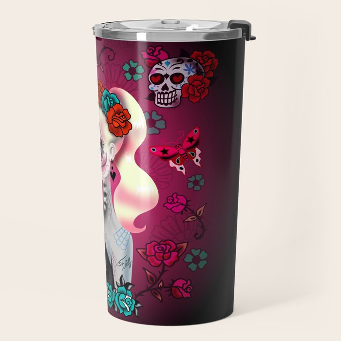 Rockabilly Blonde Sugar Skull Girl Travel Mug Gallery Image 2