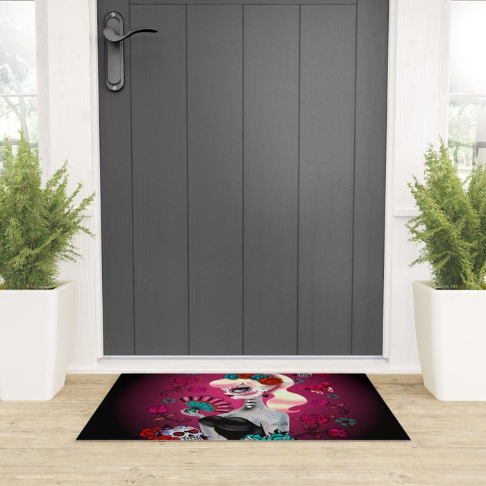 Rockabilly Blonde Sugar Skull Girl Welcome Mat Gallery Image 3