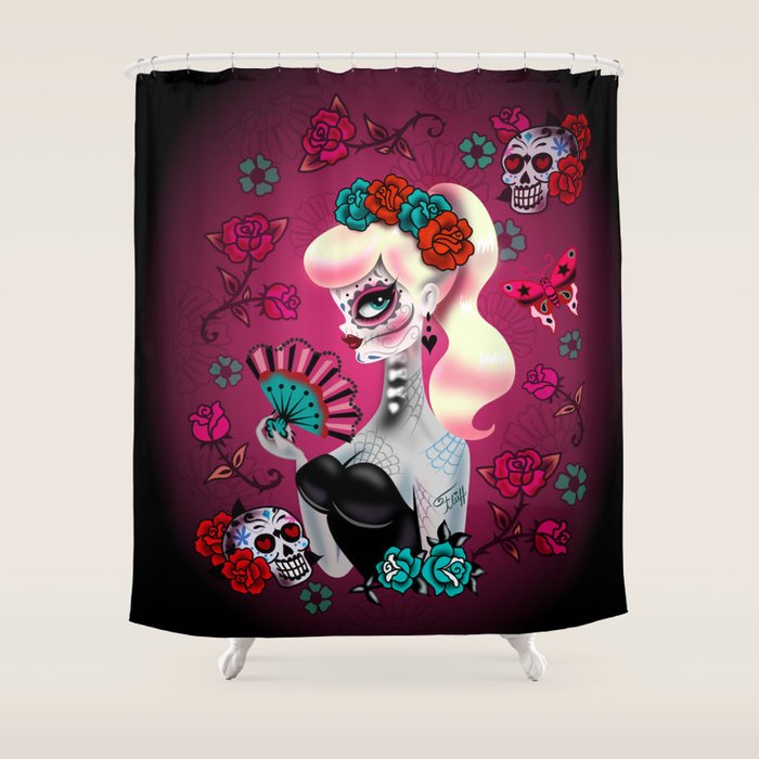 Rockabilly Blonde Sugar Skull Girl Shower Curtain Gallery Image 1
