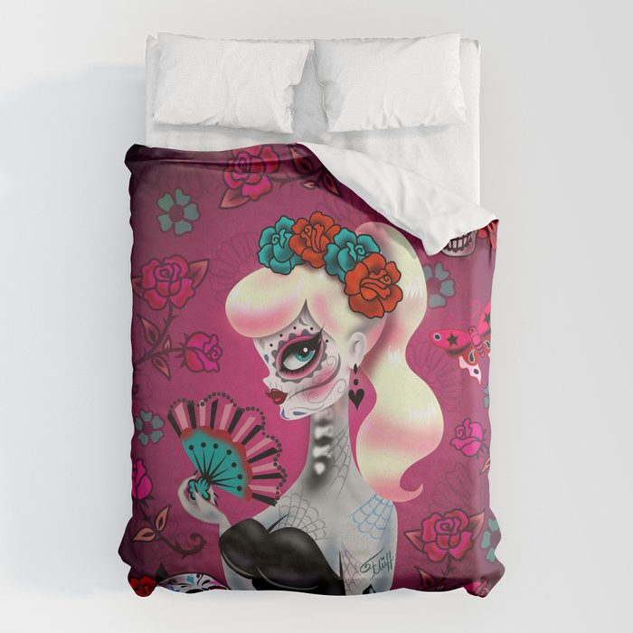 Rockabilly Blonde Sugar Skull Girl Duvet Cover Gallery Image 1