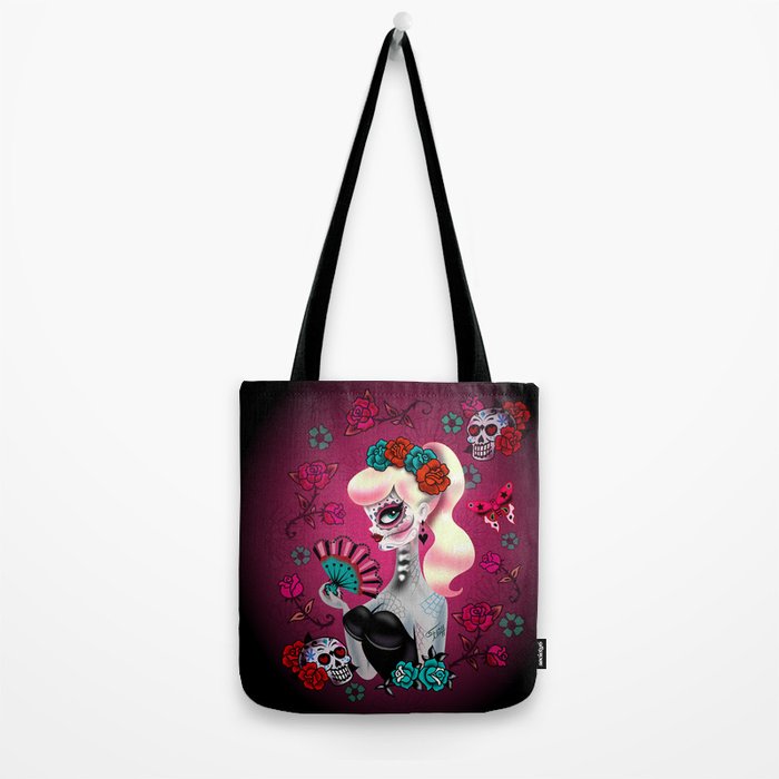 Rockabilly Blonde Sugar Skull Girl Tote Bag Gallery Image 2