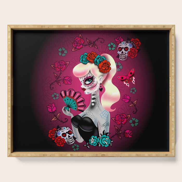Rockabilly Blonde Sugar Skull Girl Serving Tray Gallery Image 1