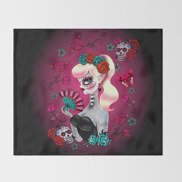 Rockabilly Blonde Sugar Skull Girl Throw Blanket Gallery Image 2
