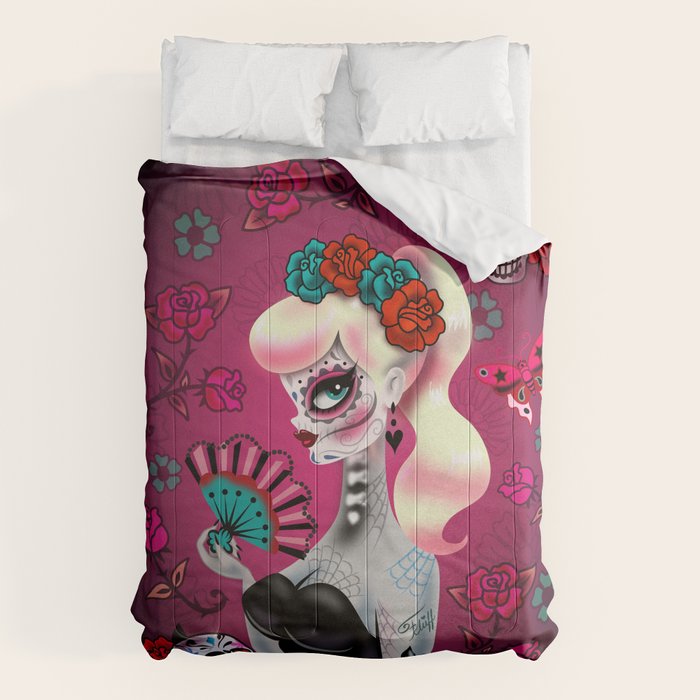 Rockabilly Blonde Sugar Skull Girl Comforter Gallery Image 1
