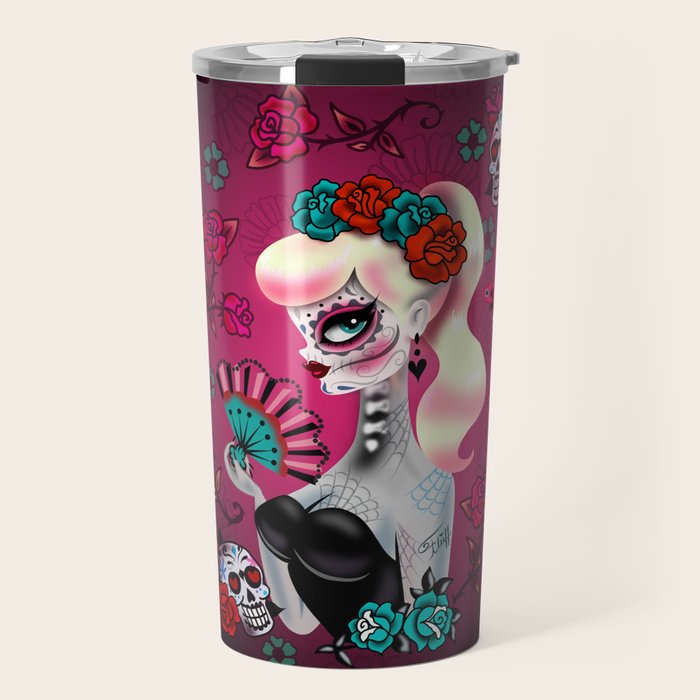 Rockabilly Blonde Sugar Skull Girl Travel Mug Gallery Image 1