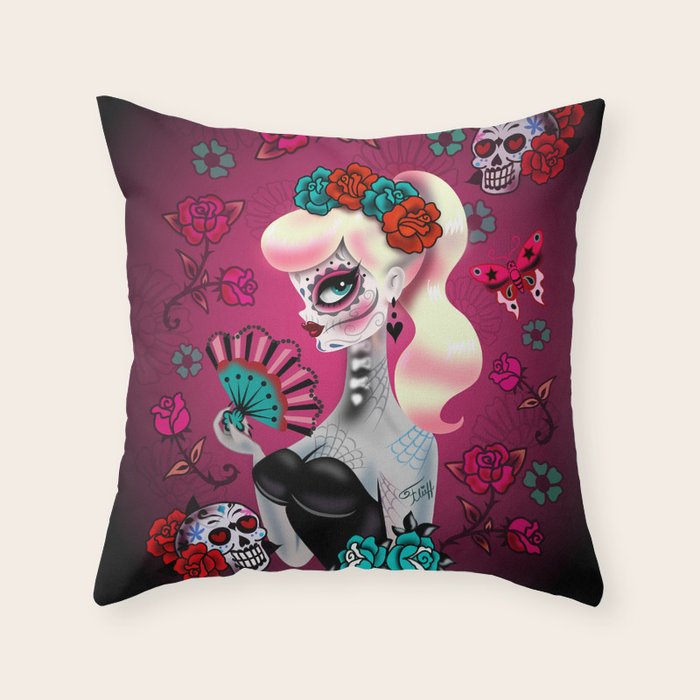 Rockabilly Blonde Sugar Skull Girl Throw Pillow Gallery Image 6