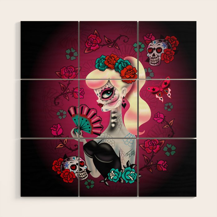 Rockabilly Blonde Sugar Skull Girl Wood Wall Art Gallery Image 1